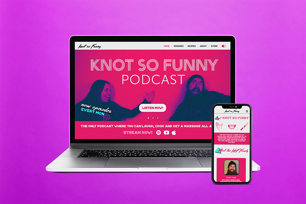 Knot so funny podcast web design on a laptop screen and phone screen